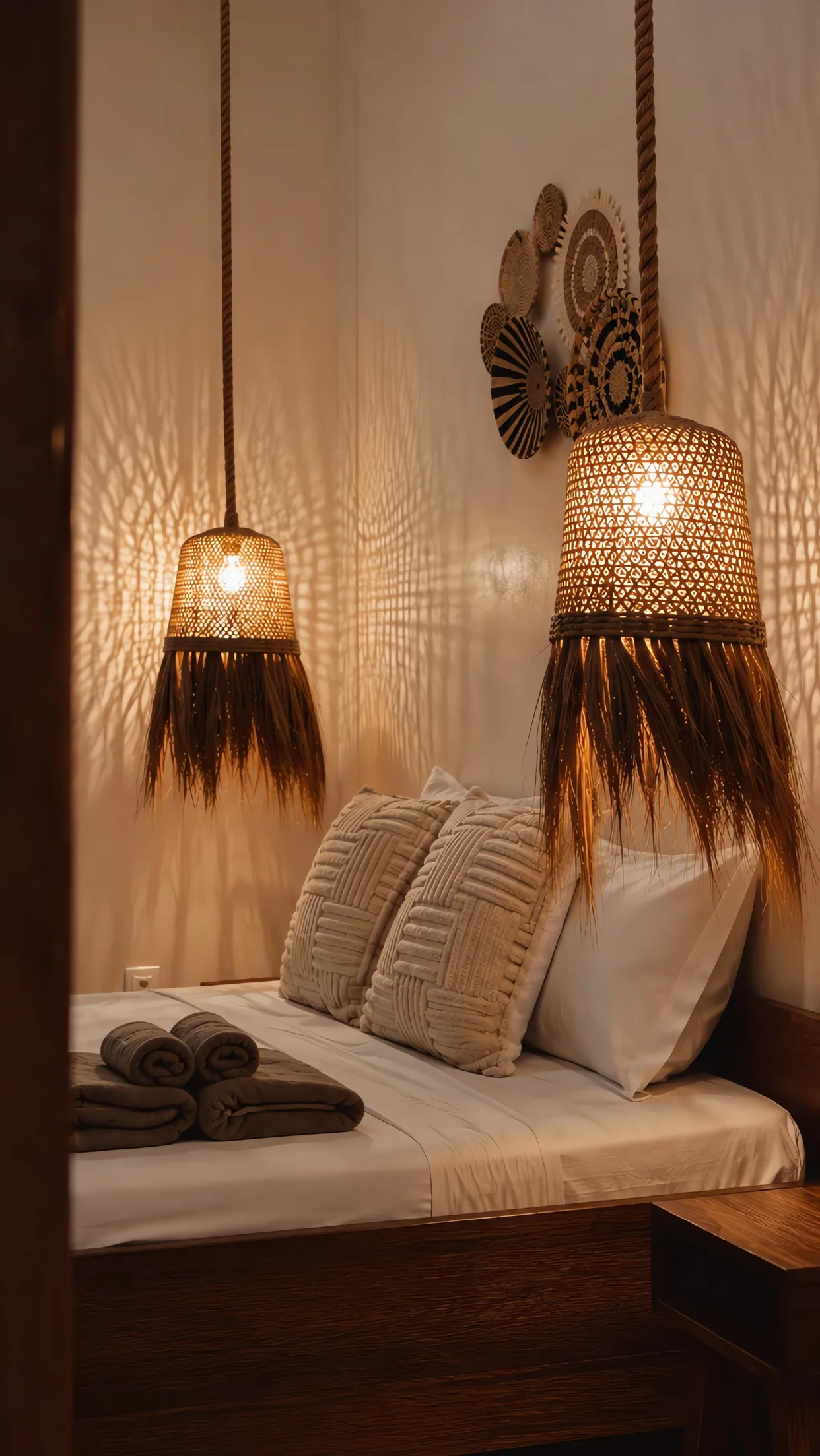 Ein Cocohut-Zimmer mit geflochtenen Hängelampen und weichen Kissen