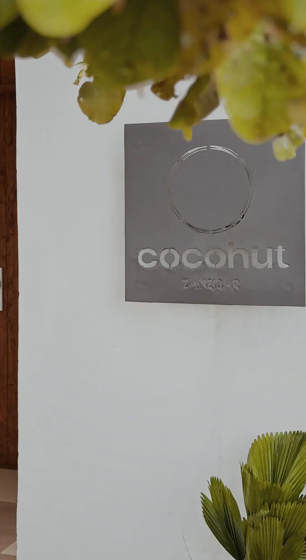 Cocohut-Metallschild an der weißen Gartenmauer