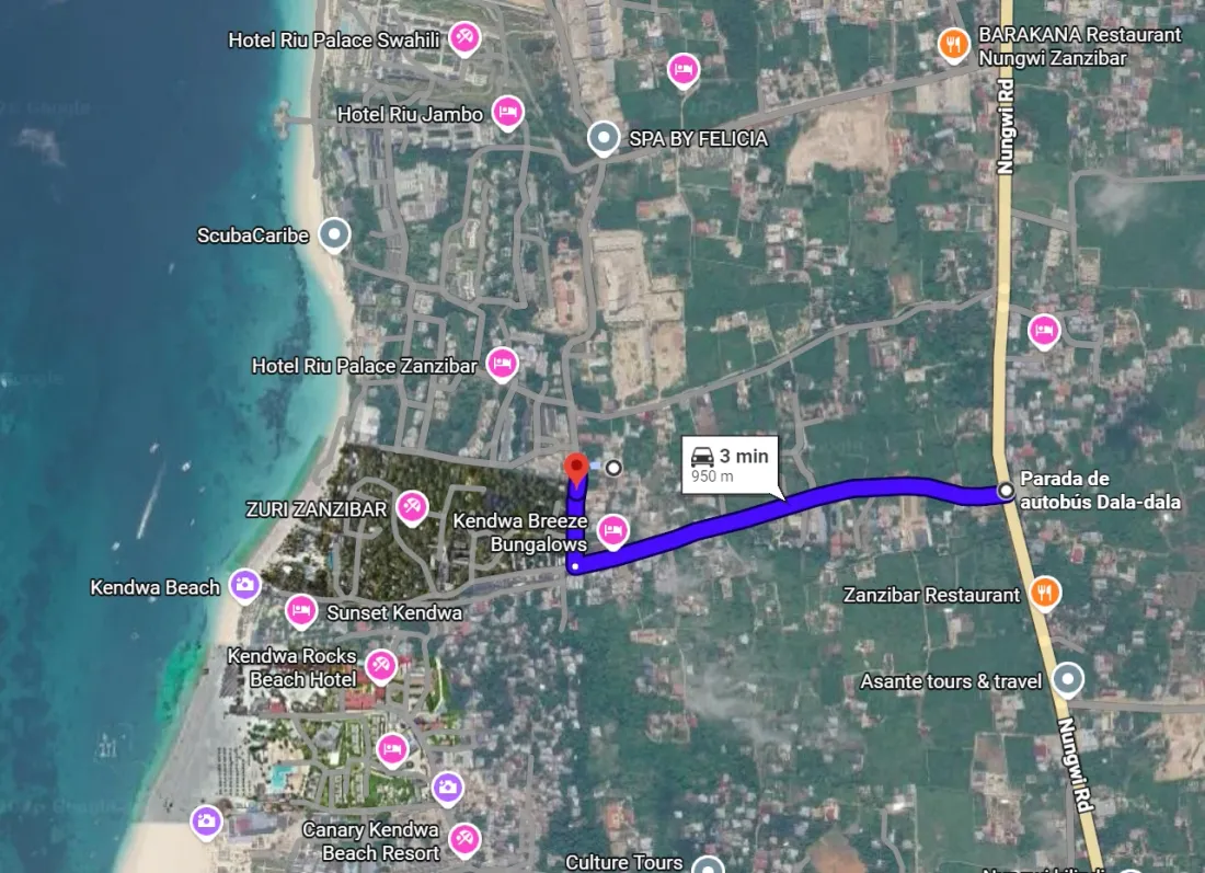 Satellite map of Kendwa with the blue route to Cocohut, 3 minutes and 950 metres by car, passing Zuri Zanzibar and Kendwa Breeze Bungalows