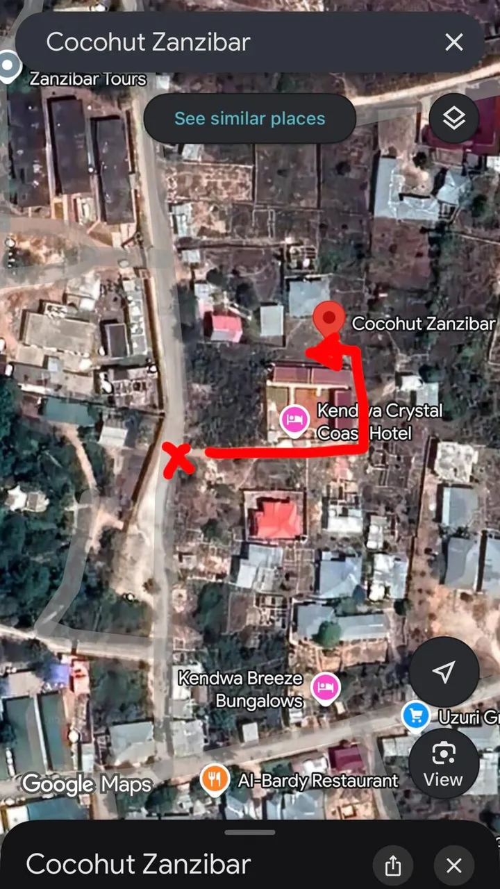 Google Maps satellite view of the lane to Cocohut Zanzibar, with a red line from the main road to the house