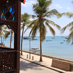Uferpromenade von Stone Town mit Palmen und geschnitztem Balkon